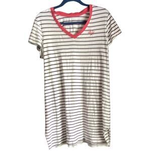 BLL Women's XL White/Blue/Red Striped V-Neck Short Sleeve Nightshirt Embro